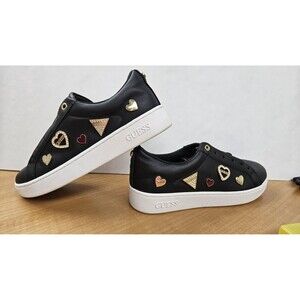 GUESS Shoes Womens Size 6.5 Black Caces Heart Rhinestone Sneakers WGCACES
